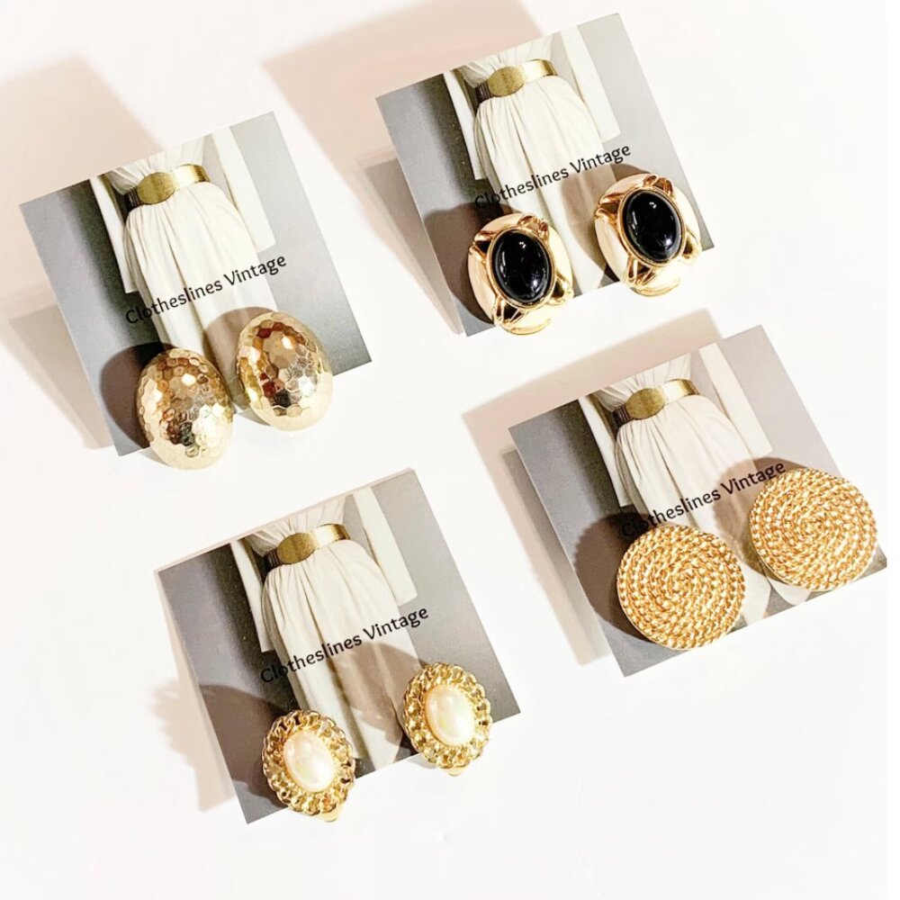 Vintage Group of 4 Clip On Earrings in Gold, Black, Cream and Faux Pearl